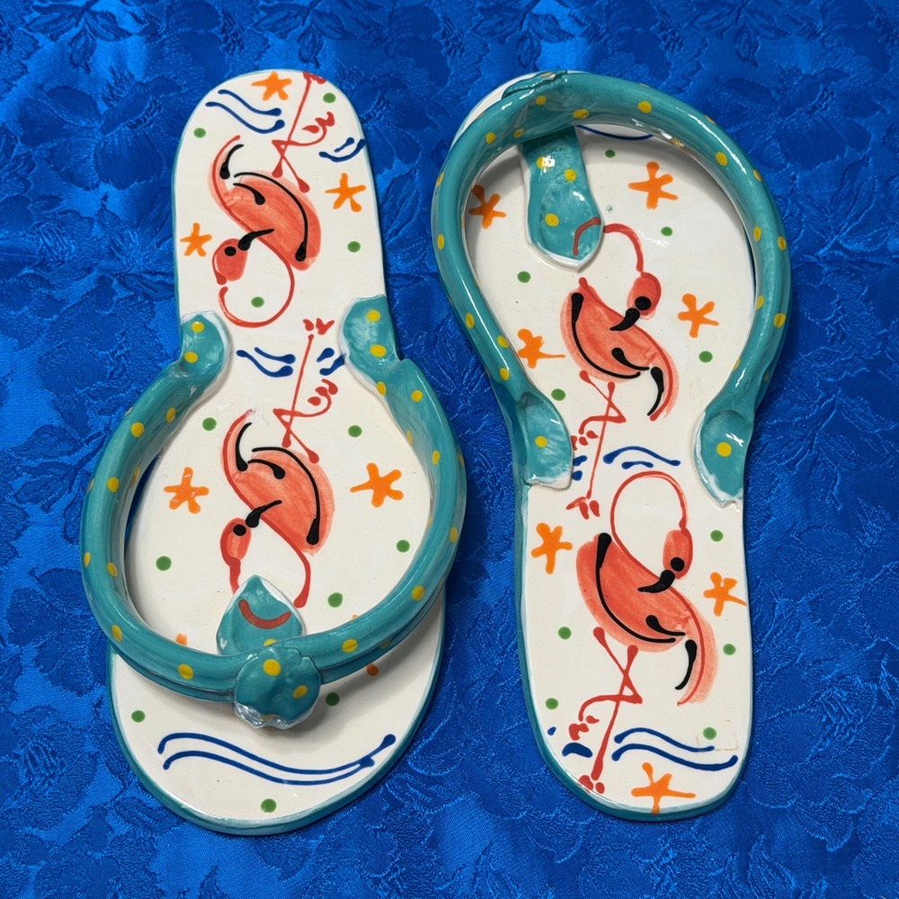 M. Ruley Key West Flamingo Ceramic Flip Flop Wall Art Plaques Set of 2 Teal